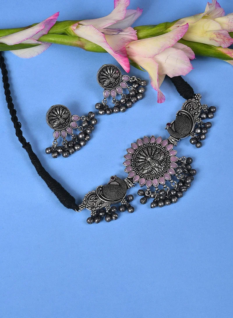 SOHI Oxidised Pink Stone Studded Artificial Choker Necklace Jewellery
