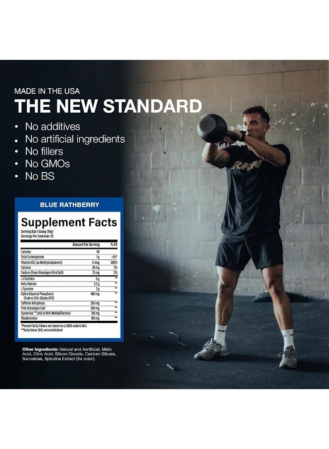 رو مسحوق ما قبل التمرين RAW، Essential CHARGED (توتر التوت الأزرق) - مكمل ما قبل التمرين للرجال والنساء - يدعم التركيز، المزاج، والأداء - كافيين، ألفا-جي بي سي، إل-سيتروالين، بيتا-ألانين (25 حصة) - Image 5