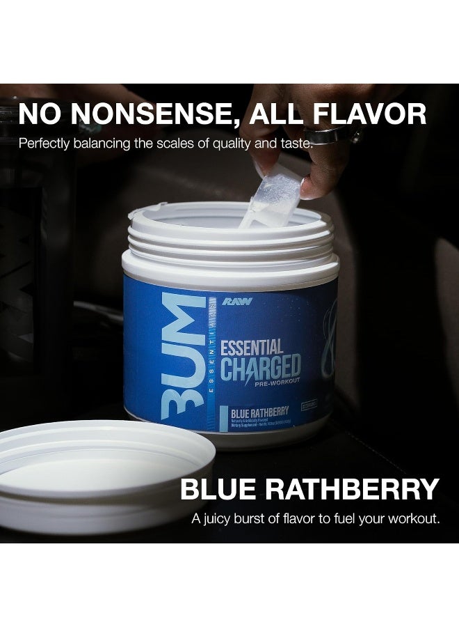 رو مسحوق ما قبل التمرين RAW، Essential CHARGED (توتر التوت الأزرق) - مكمل ما قبل التمرين للرجال والنساء - يدعم التركيز، المزاج، والأداء - كافيين، ألفا-جي بي سي، إل-سيتروالين، بيتا-ألانين (25 حصة) - Image 3