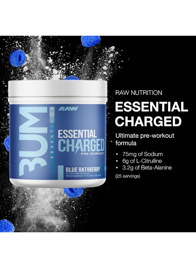 رو مسحوق ما قبل التمرين RAW، Essential CHARGED (توتر التوت الأزرق) - مكمل ما قبل التمرين للرجال والنساء - يدعم التركيز، المزاج، والأداء - كافيين، ألفا-جي بي سي، إل-سيتروالين، بيتا-ألانين (25 حصة) - Image 2