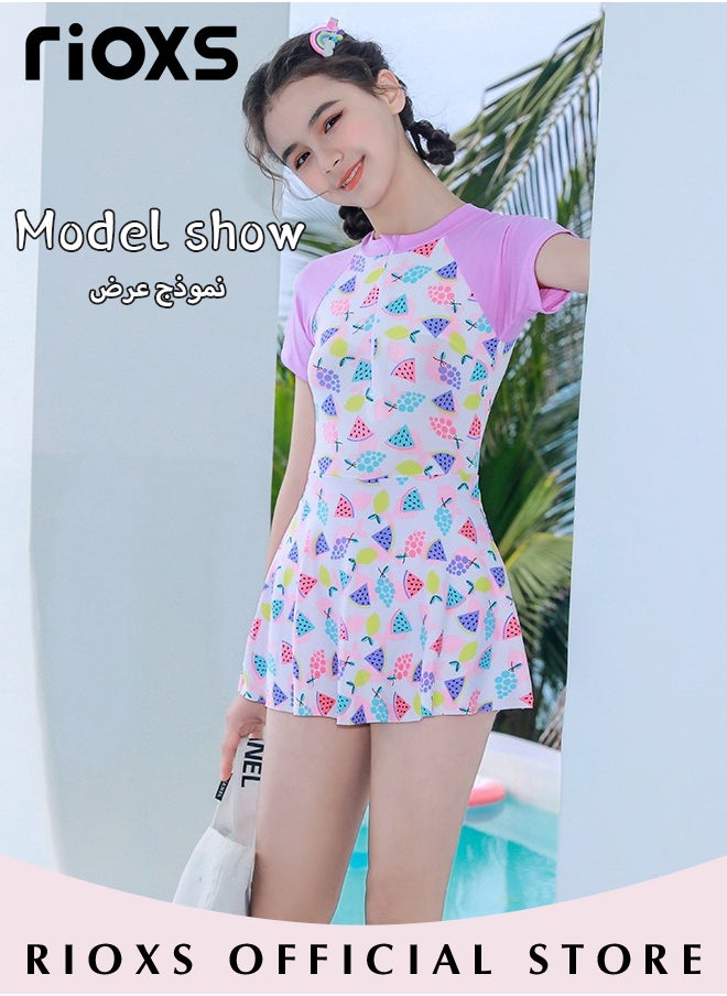 RIOXS Girls One-piece Rash Guard Swimsuit, Zip Up Swimming Costume Set, Fashionable Short Sleeve Swimwear with Round Neck and Colorful Patterns, Made of Efficient Quick-drying and High-density Fabric, Suitable for Surfing, Diving, Swimming or Beach Activities  - Image 2