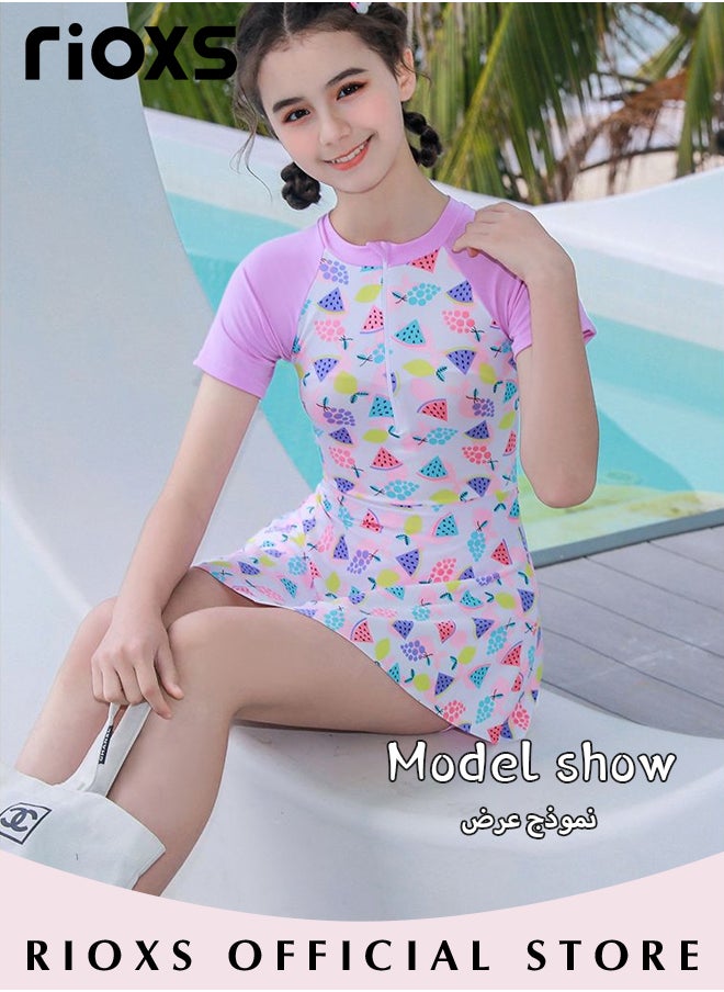 RIOXS Girls One-piece Rash Guard Swimsuit, Zip Up Swimming Costume Set, Fashionable Short Sleeve Swimwear with Round Neck and Colorful Patterns, Made of Efficient Quick-drying and High-density Fabric, Suitable for Surfing, Diving, Swimming or Beach Activities  - Image 4