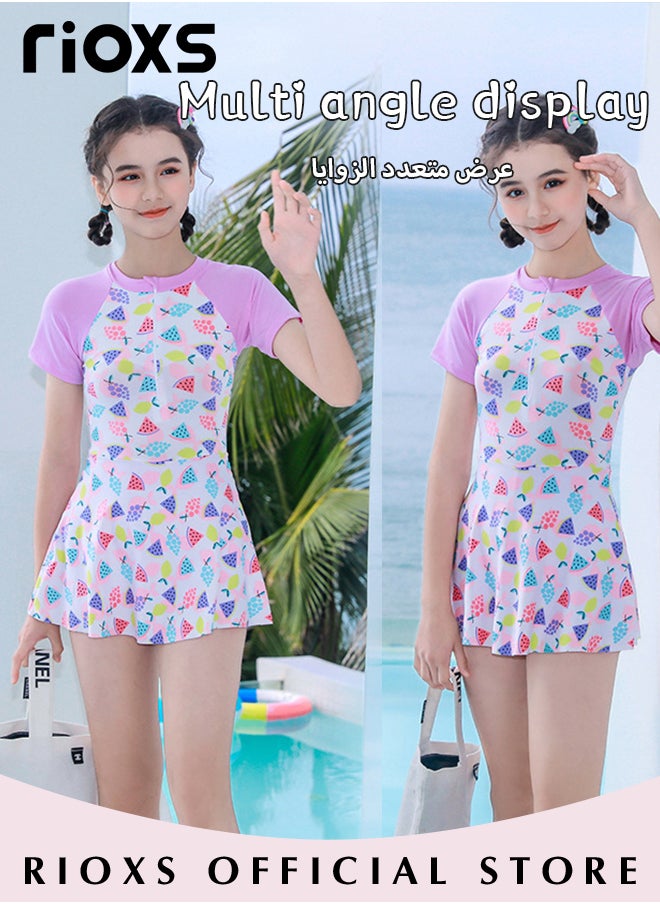 RIOXS Girls One-piece Rash Guard Swimsuit, Zip Up Swimming Costume Set, Fashionable Short Sleeve Swimwear with Round Neck and Colorful Patterns, Made of Efficient Quick-drying and High-density Fabric, Suitable for Surfing, Diving, Swimming or Beach Activities  - Image 5