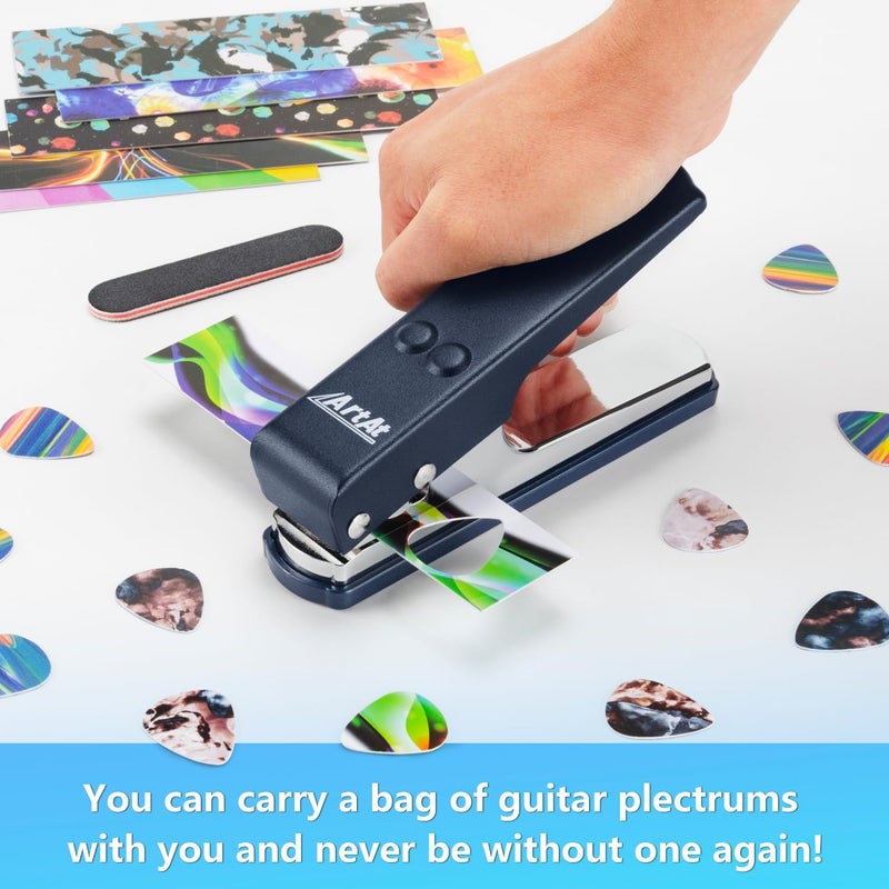 ArtAt Guitar Pick Punch Kit gift- DIY Guitar Pick Maker, Includes 6 pick strips and a pick file, Leather Key Chain Pick Holder,Easy use unique Gift for Guitar Lovers - Image 2