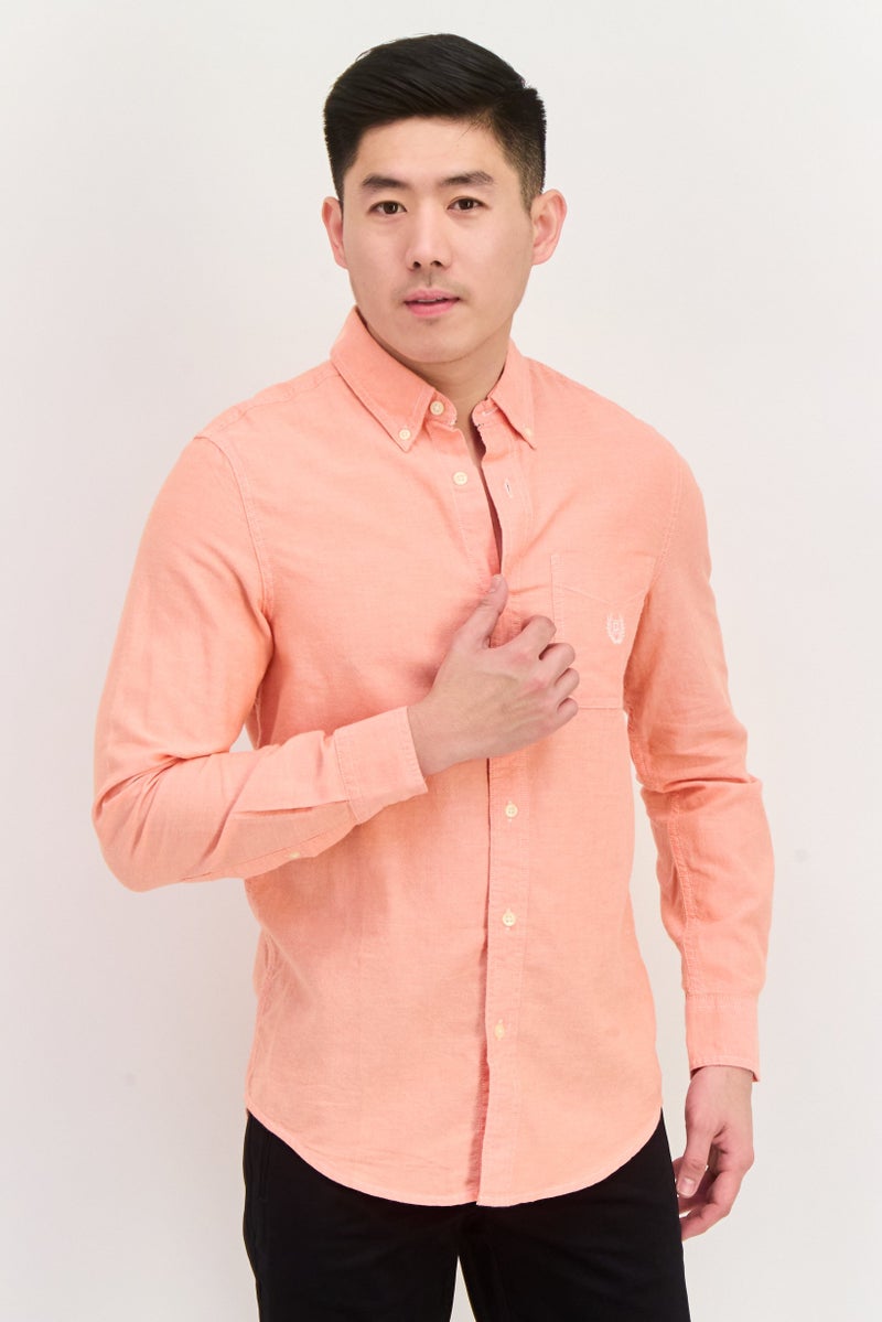 Chaps Men Regular Fit Solid Long Sleeve Casual Shirt, Peach - Image 1