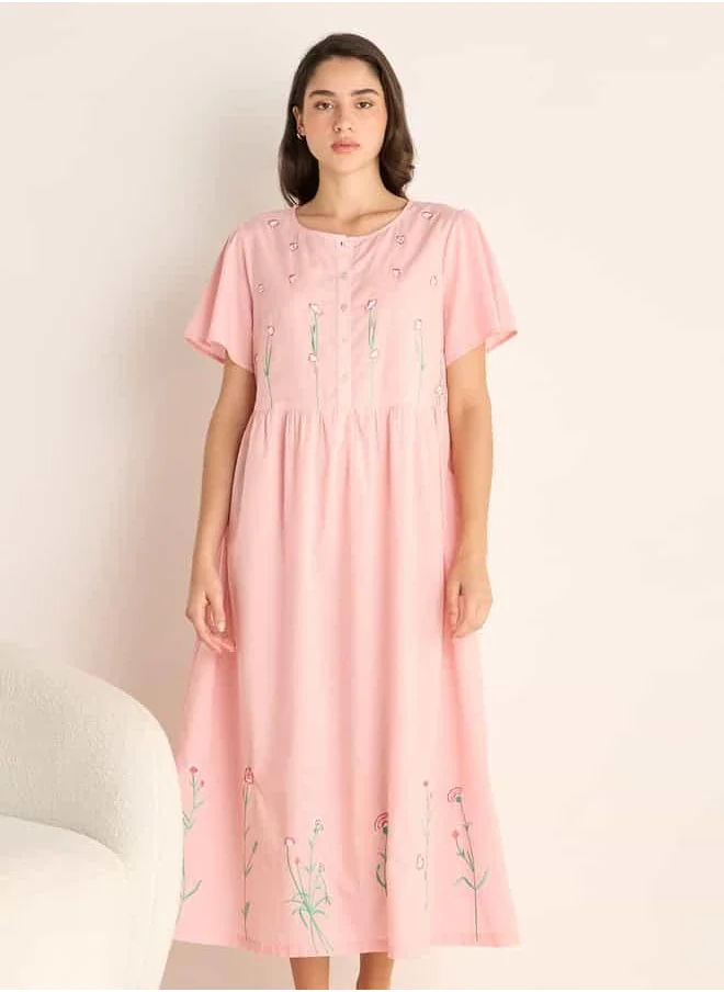 فاف Embroidered Night Dress with Round Neck and Short Sleeves