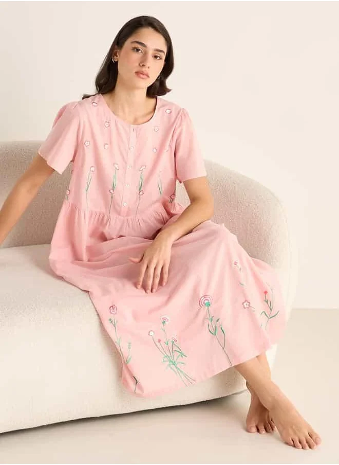 FAV Embroidered Night Dress with Round Neck and Short Sleeves