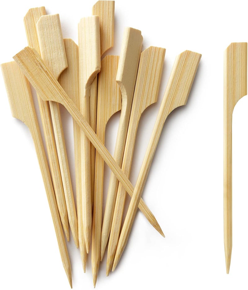 BLUETOP 300Pcs Bamboo Paddle Picks, 3.5 Inch Sturdy Flat Skewers Food Appetizer Toothpicks for for Fruit, Grilling, Drink, BBQ, Barbecue, Yakitori Chicken, Fondue, Roasting,Cocktail, Marshmallow - Image 1