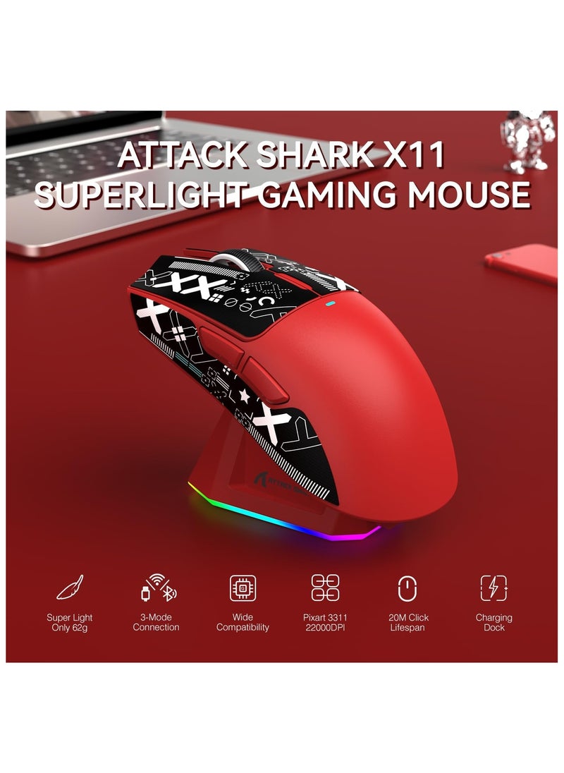 هجوم القرش ماوس الألعاب ATTACK SHARK X11 - اتصال ثلاثي (سلكي، لاسلكي 2.4GHz، بلوتوث) - مستشعر PixArt PAW3311 بدقة 22000 DPI - إضاءة RGB - قاعدة شحن مغناطيسية - تصميم خفيف الوزن ومريح - متوافق مع الكمبيوتر، اللابتوب، ماك، إكس بوكس، بلاي ستيشن (أحمر)  - Image 2