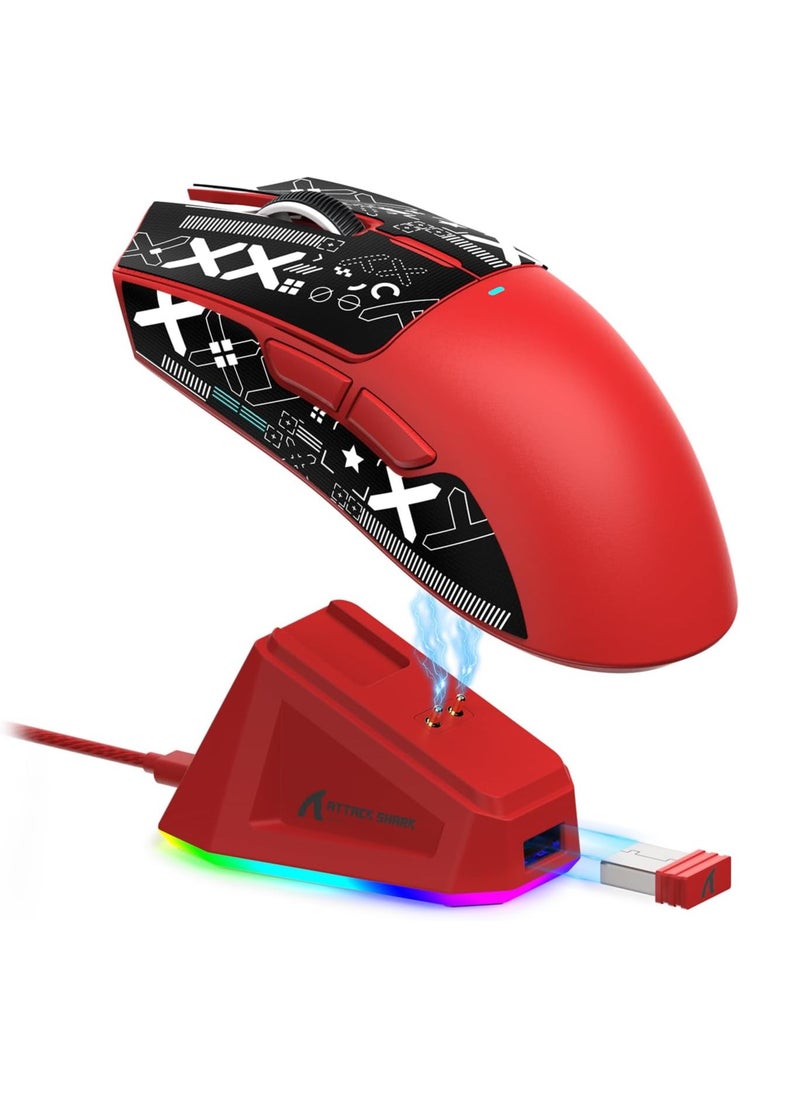 هجوم القرش ماوس الألعاب ATTACK SHARK X11 - اتصال ثلاثي (سلكي، لاسلكي 2.4GHz، بلوتوث) - مستشعر PixArt PAW3311 بدقة 22000 DPI - إضاءة RGB - قاعدة شحن مغناطيسية - تصميم خفيف الوزن ومريح - متوافق مع الكمبيوتر، اللابتوب، ماك، إكس بوكس، بلاي ستيشن (أحمر)  - Image 1