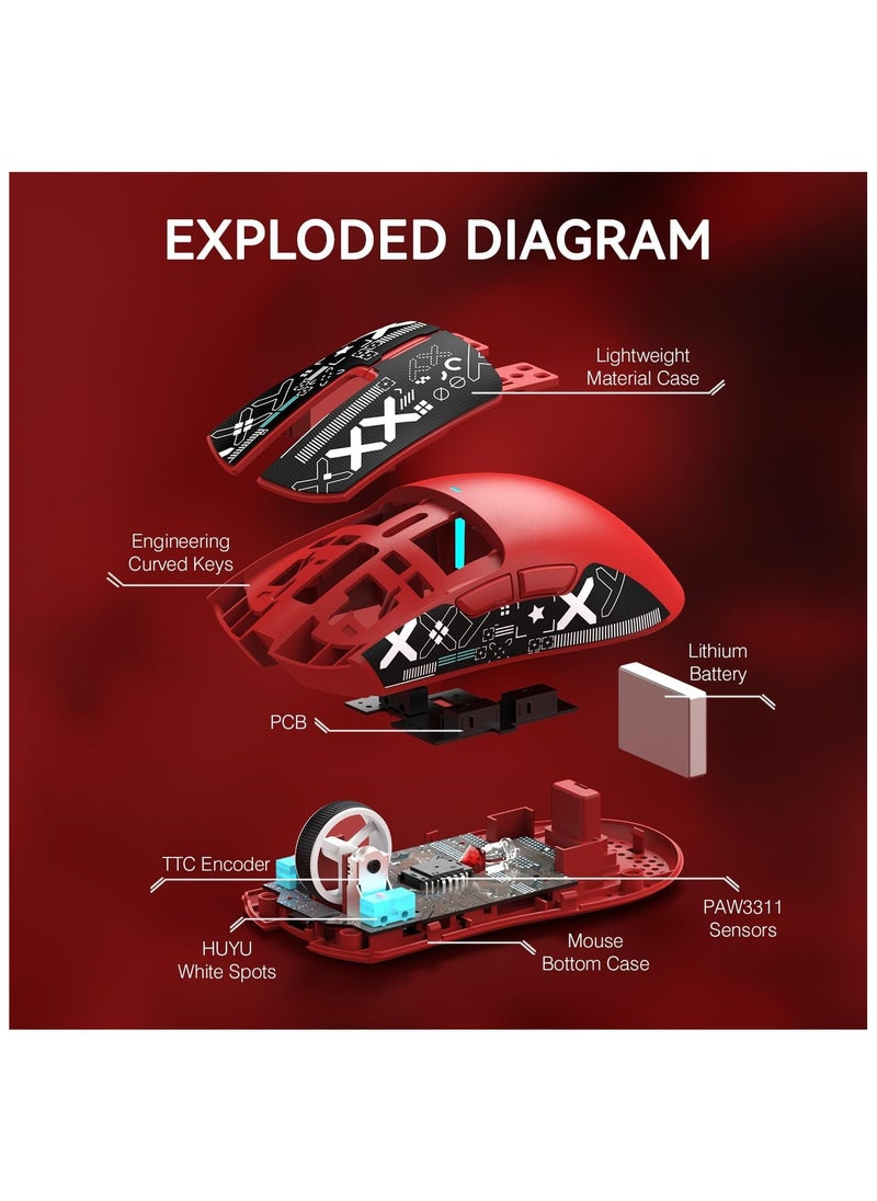 ماوس الألعاب ATTACK SHARK X11 - اتصال ثلاثي (سلكي، لاسلكي 2.4GHz، بلوتوث) - مستشعر PixArt PAW3311 بدقة 22000 DPI - إضاءة RGB - قاعدة شحن مغناطيسية - تصميم خفيف الوزن ومريح - متوافق مع الكمبيوتر، اللابتوب، ماك، إكس بوكس، بلاي ستيشن (أحمر)