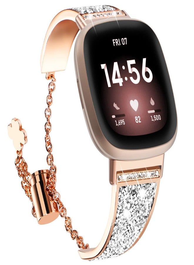 NewWays Compatible with Fitbit Versa 3/ Fitbit Versa 4 Band for Women, Crystal Bling Jewllery Bangle Compatible for Fitbit Versa 3 4 Sense Sense 2, with Stopper Toggle Closure, Rose Gold - Image 1