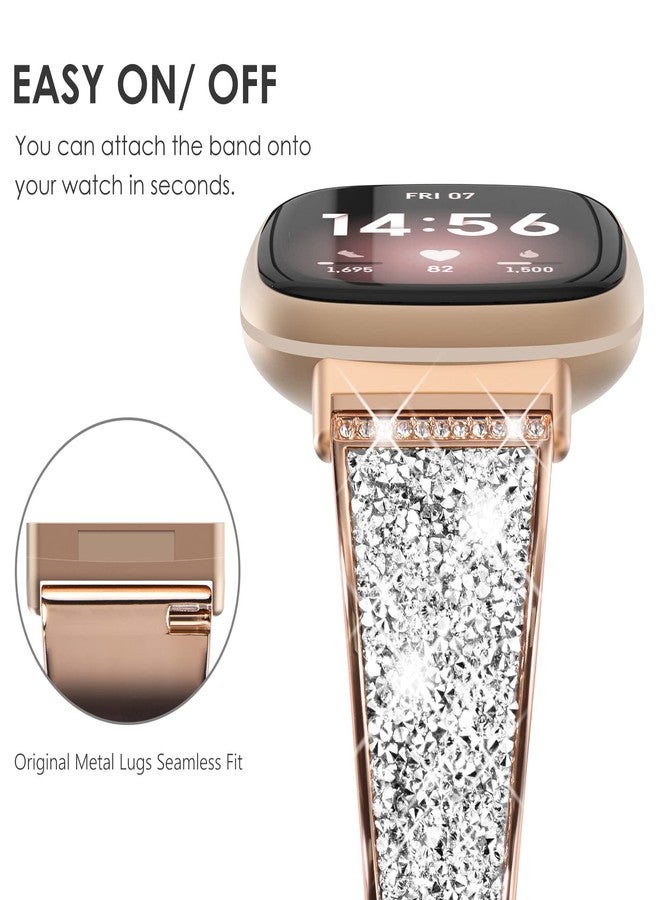 NewWays Compatible with Fitbit Versa 3/ Fitbit Versa 4 Band for Women, Crystal Bling Jewllery Bangle Compatible for Fitbit Versa 3 4 Sense Sense 2, with Stopper Toggle Closure, Rose Gold - Image 2