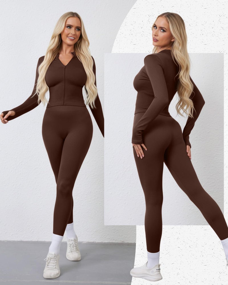 Simlakey Women 3 Piece Seamless Workout Set Sports Bra High Waisted Gym Yoga Leggings Zip Up Jacket with Thumbhole Activewear(Coffee,Large) - Image 4