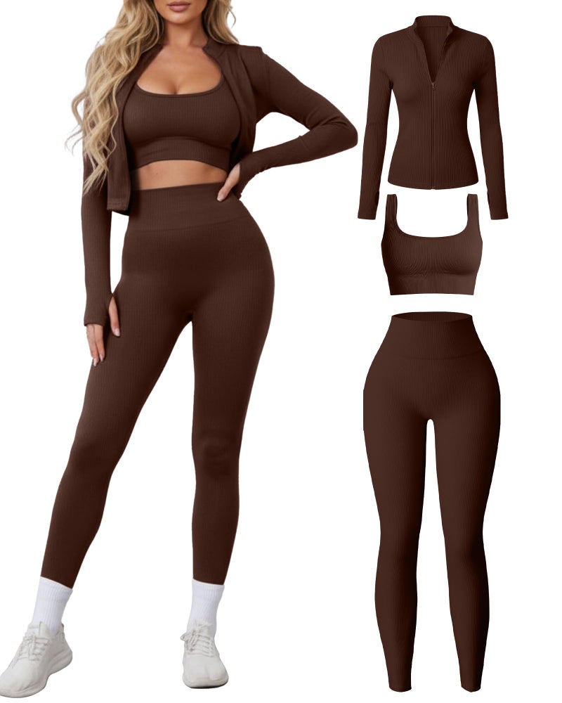 Simlakey Women 3 Piece Seamless Workout Set Sports Bra High Waisted Gym Yoga Leggings Zip Up Jacket with Thumbhole Activewear(Coffee,Large) - Image 1