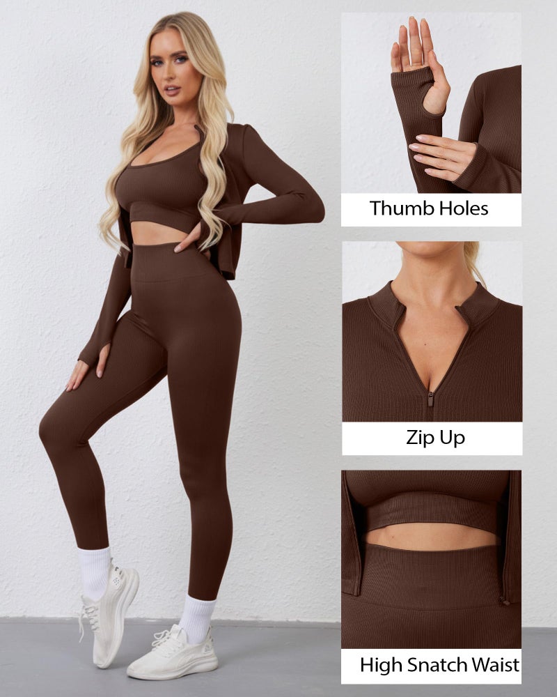 Simlakey Women 3 Piece Seamless Workout Set Sports Bra High Waisted Gym Yoga Leggings Zip Up Jacket with Thumbhole Activewear(Coffee,Large) - Image 5