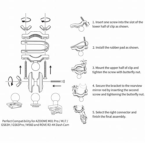 AZDOME Dash Camera Mirror Mount Holder Kit, Dash Cam Mount for Rove R2-4K Dashcam, M01 Pro, GS63H, GS63H Pro, GS63Pro Car Camera - Image 5