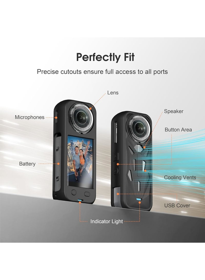 Barakah غطاء حماية سيليكوني لكاميرا Insta360 X5، واقي عدسة ناعم مع تصميم مضاد للصدمات، غطاء كاميرا شامل مع حزام للمعصم، ملائم بدقة مع وصول إلى منفذ الشحن، ملحقات متينة (أسود) - Image 3