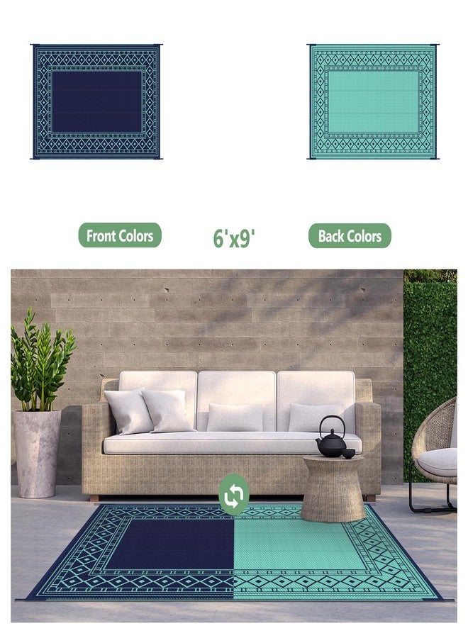 GENIMO Outdoor Rug Waterproof 6'x9' for Patio, Foldable Reversible Plastic Straw Carpet, Outside Area Mat for Patios, Rv, Deck, Picnic, Porch, Camper, Balcony, Beach, Navy Blue & Jade Green - Image 5