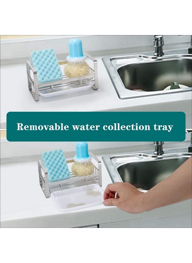 Xacton Sink Caddy Organizer Kitchen Sponge Holder I 304 Stainless Steel Soap Dispenser Brush Drainer Rack I Countertop or Adhesive Organiser for Dishes Knives Spoons Forks ((Silver) - Image 4