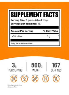 BulkSupplements BulkSupplements.com L-Citrulline Powder - Citrulline Supplement, Citrulline Powder - L-Citrulline 3000mg, Unflavored & Gluten Free - 3g per Servings, 500g (1.1 lbs) (Pack of 1)  - Image 2