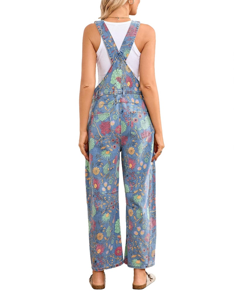YEXPINE Womens Denim Overall Casual Straight Wide Leg Adjustable Strap Floral Print Jean Bib Jumpsuit with Pockets - Image 2