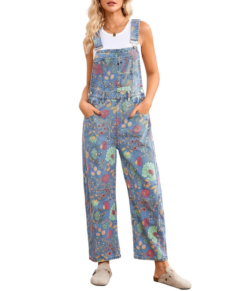 YEXPINE Womens Denim Overall Casual Straight Wide Leg Adjustable Strap Floral Print Jean Bib Jumpsuit with Pockets - Image 4