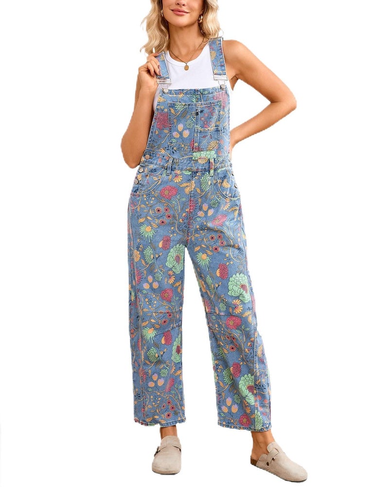 YEXPINE Womens Denim Overall Casual Straight Wide Leg Adjustable Strap Floral Print Jean Bib Jumpsuit with Pockets - Image 1