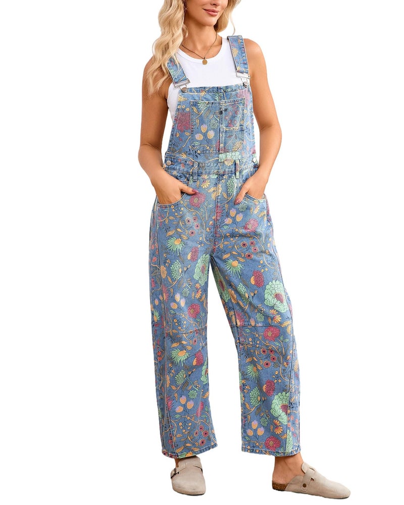 YEXPINE Womens Denim Overall Casual Straight Wide Leg Adjustable Strap Floral Print Jean Bib Jumpsuit with Pockets - Image 5