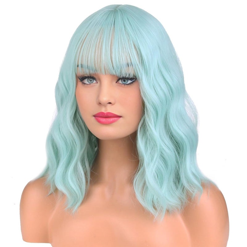 BERON 14 Inches Mint Green Wig Short Curly Green Wig with Bangs for Women Daily Party Hairnet Include