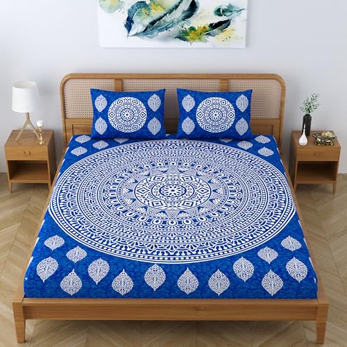 Colorish Cotton Blend Double Bedsheet Jaipuri Printed Mandala King Size Bed Sheet with 2 Pillow Covers - Royal Blue - Image 5