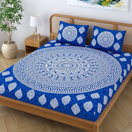 Colorish Cotton Blend Double Bedsheet Jaipuri Printed Mandala King Size Bed Sheet with 2 Pillow Covers - Royal Blue - Image 3