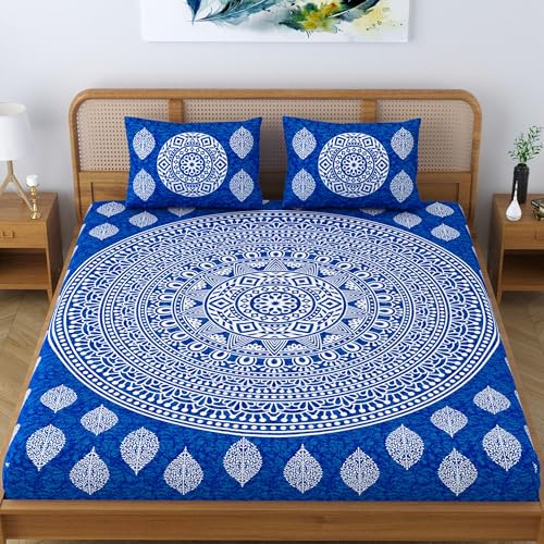 Colorish Cotton Blend Double Bedsheet Jaipuri Printed Mandala King Size Bed Sheet with 2 Pillow Covers - Royal Blue - Image 2
