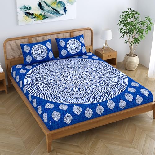 Colorish Cotton Blend Double Bedsheet Jaipuri Printed Mandala King Size Bed Sheet with 2 Pillow Covers - Royal Blue - Image 4