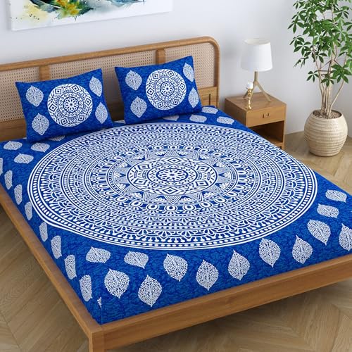 Colorish Cotton Blend Double Bedsheet Jaipuri Printed Mandala King Size Bed Sheet with 2 Pillow Covers - Royal Blue - Image 1
