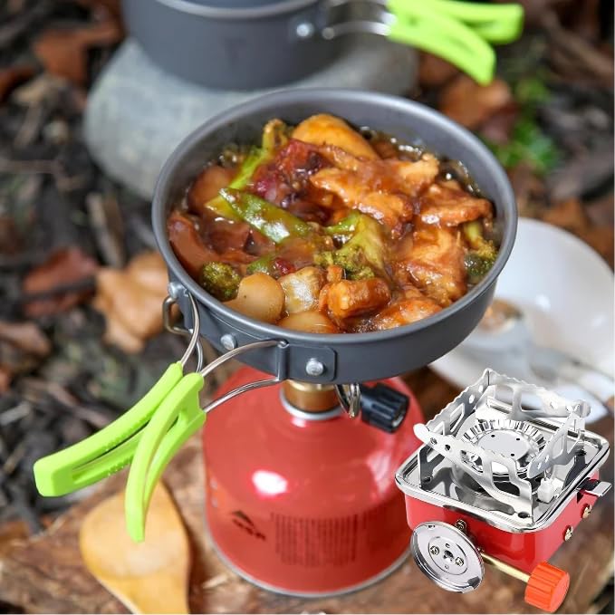 DPCR 14-Piece Camping Cookware Mess Kit with Portable Gas Stove, Lightweight Nonstick Pot & Pan Set with Spork, Bowls, Sponge & Travel Bag – Compact Outdoor Cooking Gear for Backpacking, Hiking - Image 4