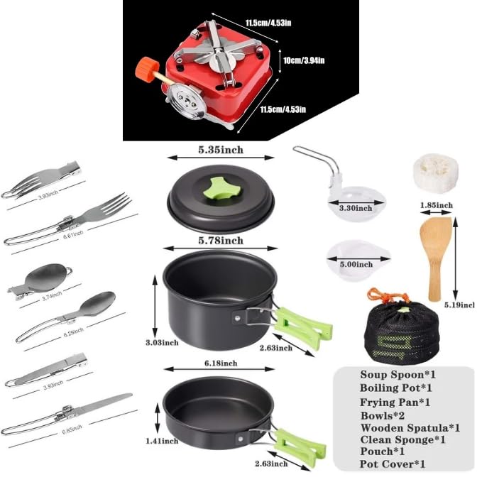 DPCR 14-Piece Camping Cookware Mess Kit with Portable Gas Stove, Lightweight Nonstick Pot & Pan Set with Spork, Bowls, Sponge & Travel Bag – Compact Outdoor Cooking Gear for Backpacking, Hiking - Image 3