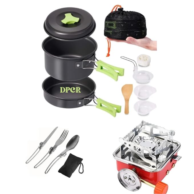 DPCR 14-Piece Camping Cookware Mess Kit with Portable Gas Stove, Lightweight Nonstick Pot & Pan Set with Spork, Bowls, Sponge & Travel Bag – Compact Outdoor Cooking Gear for Backpacking, Hiking - Image 2