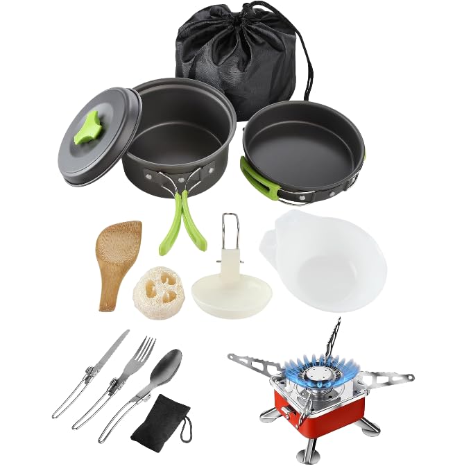 DPCR 14-Piece Camping Cookware Mess Kit with Portable Gas Stove, Lightweight Nonstick Pot & Pan Set with Spork, Bowls, Sponge & Travel Bag – Compact Outdoor Cooking Gear for Backpacking, Hiking - Image 1
