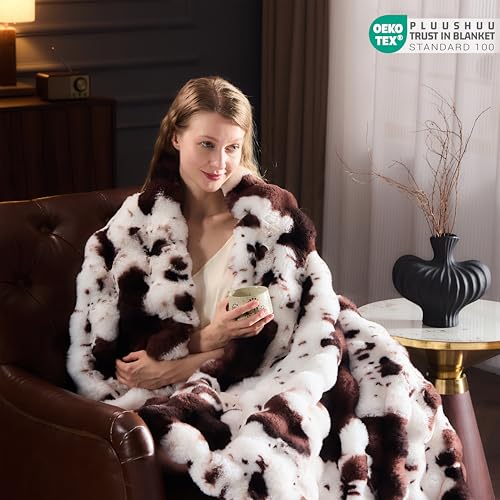 PLUUSHUU Faux Fur Throw Blanket for Couch, Fluffy Fuzzy Plush Bubble Blanket, Soft Warm Cozy Shaggy Rabbit Blanket, Luxury Decorative Gifts for Sofa Bedroom Living Room, 60x50inch (Cow Print-Brown) - Image 3