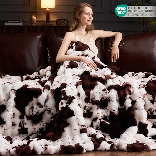 PLUUSHUU Faux Fur Throw Blanket for Couch, Fluffy Fuzzy Plush Bubble Blanket, Soft Warm Cozy Shaggy Rabbit Blanket, Luxury Decorative Gifts for Sofa Bedroom Living Room, 60x50inch (Cow Print-Brown) - Image 4