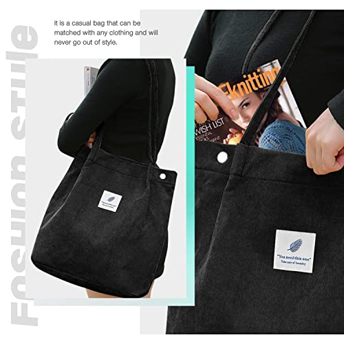 LHMTQVK Tote Women Girls, Large Capacity Corduroy Reusable Grocery Shoulder Bag with Inner Pockets,Black - Image 5
