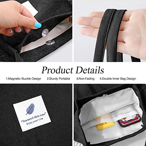 LHMTQVK Tote Women Girls, Large Capacity Corduroy Reusable Grocery Shoulder Bag with Inner Pockets,Black - Image 4