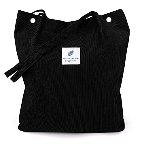 LHMTQVK Tote Women Girls, Large Capacity Corduroy Reusable Grocery Shoulder Bag with Inner Pockets,Black - Image 1