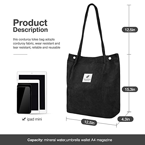 LHMTQVK Tote Women Girls, Large Capacity Corduroy Reusable Grocery Shoulder Bag with Inner Pockets,Black - Image 2