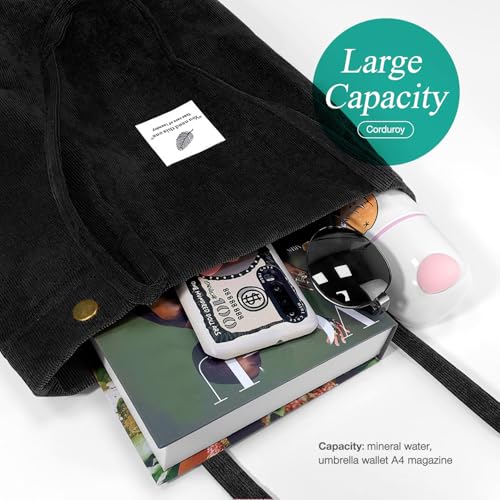 LHMTQVK Tote Women Girls, Large Capacity Corduroy Reusable Grocery Shoulder Bag with Inner Pockets,Black - Image 3