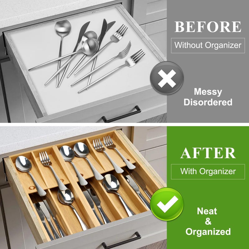 Hilislog Small Bamboo Silverware Organizer for Drawer Utensil Tray Wood Cutlery Organizer Holder Narrow Flatware Caddy Wooden Kitchen Utensil Cutlery Drawer Skinny Fork and Spoon Silverware Organizer Tray - Image 4