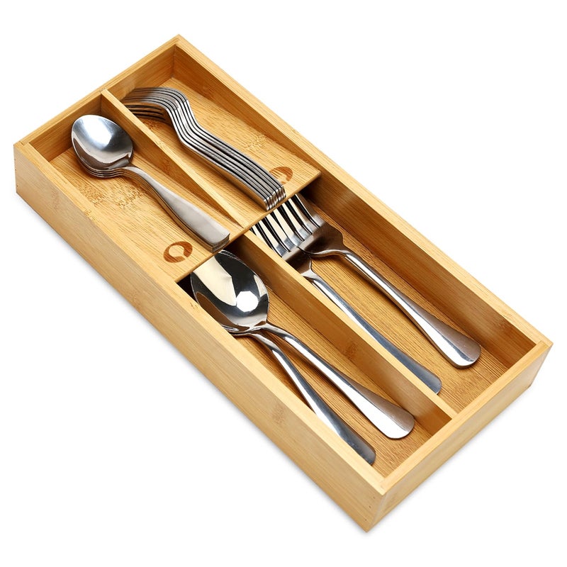 Hilislog Small Bamboo Silverware Organizer for Drawer Utensil Tray Wood Cutlery Organizer Holder Narrow Flatware Caddy Wooden Kitchen Utensil Cutlery Drawer Skinny Fork and Spoon Silverware Organizer Tray - Image 1