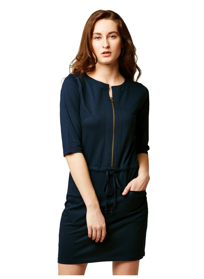 Miss Chase - Miss Chase Women's Round Neck 3/4 Sleeves Solid Mini Shift Dress with Zip Closure | 2 Colors(MCSS18D11-25-71-04, Navy Blue, Medium) - Image 1
