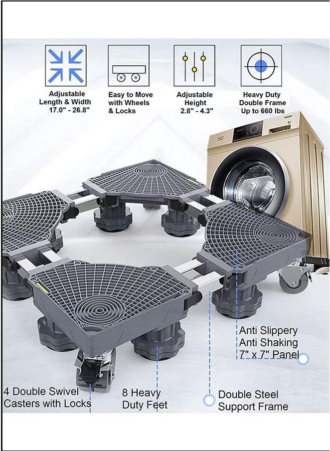 Washing Machine Base Stand, Double Tube Washing Machine Base Hold Up to 300 KG, Adjustable mobile base with 4 Locking Wheels 8 Adjustable Strong Feet for Washing Machine Dryer Refrigerator - Image 2